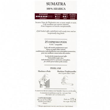 Dosette ESE Cafés Richard Sumatra 100% Arabica - 25 dosettes emballées individuellement