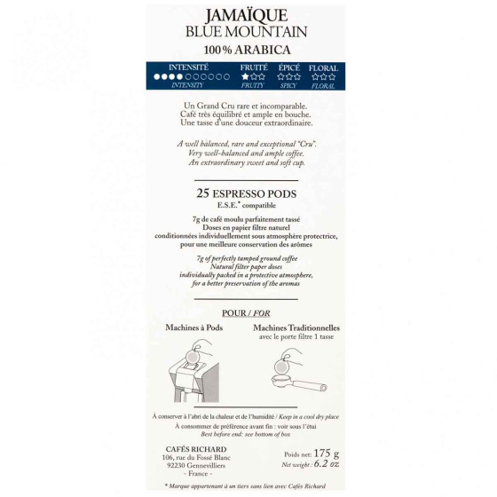Dosette ESE Cafés Richard Jamaïque Blue Mountain 100% Arabica - 25 dosettes emballées individuellement