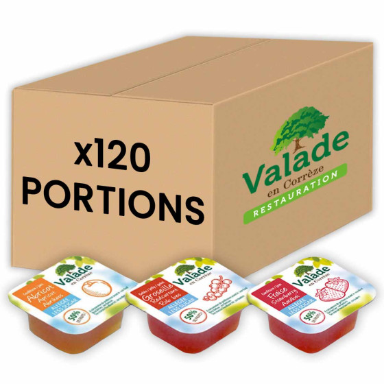 Confiture Valade Assortiment Allégée en sucre 20 gr - Abricot, Fraise, Groseille - 120 barquettes