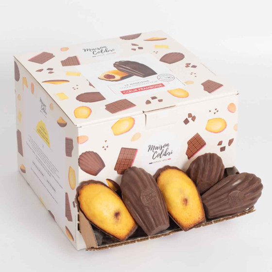 Madeleine Cœur Framboise Maison Colibri Coque Chocolat Noir - 30 madeleines emballées individuellement