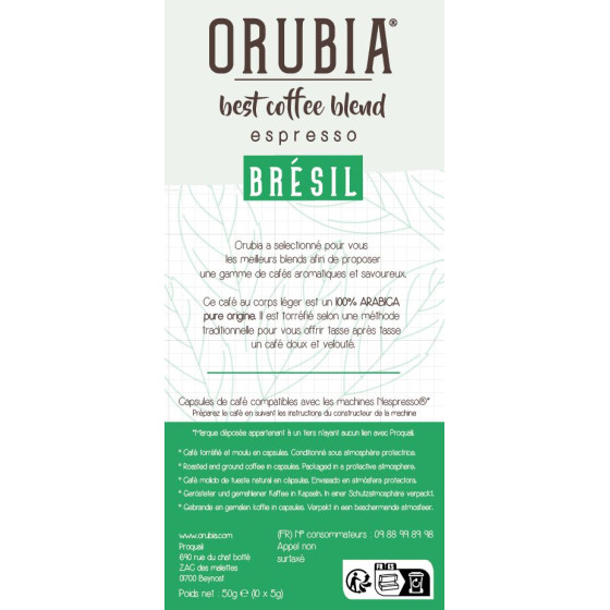 Capsule Nespresso Compatible Café Orubia Brésil 100% Arabica Intensité 5 - 10 capsules