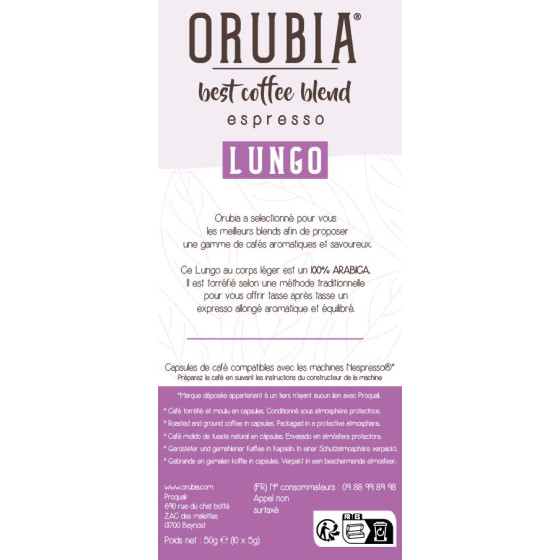 Capsule Nespresso Compatible Café Orubia Lungo 100% Arabica Intensité 6 - 10 capsules