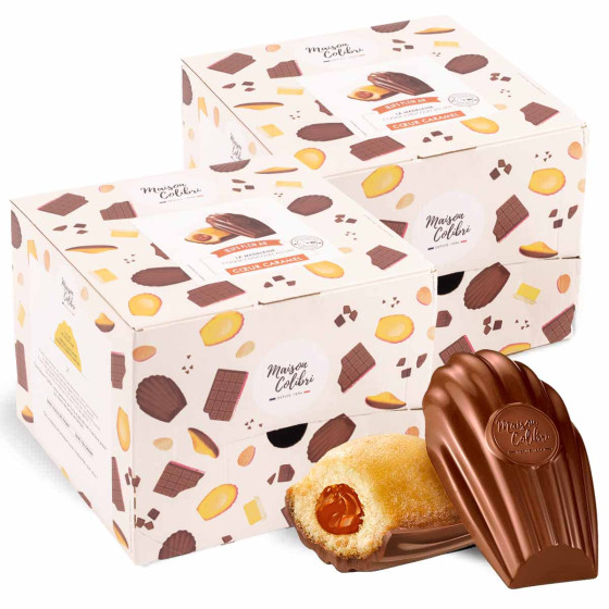 Madeleine Cœur Caramel beurre salé Maison Colibri Coque Chocolat Lait - 2 boites - 60 madeleines emballées individuellement