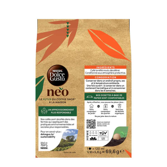 Dosettes Nescafé Dolce Gusto NEO Lungo Décaféiné - 1 boîte - 12 dosettes