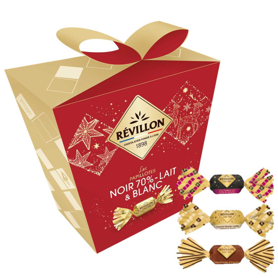 Pochette cadeaux de papillotes Révillon Chocolat Noir 70%, Lait, Blanc - 300 gr