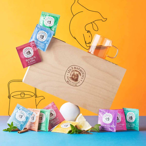 Coffret de Thés et Infusions en bois Les 2 Marmottes 12 variétés - 120 sachets