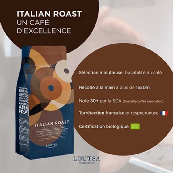 Café de Spécialité en Grains Bio Loutsa Italian Roast - 250 gr
