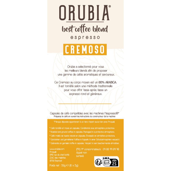 Capsule Nespresso Compatible Café Orubia Cremoso 100% Arabica Intensité 7 - 1200 capsules