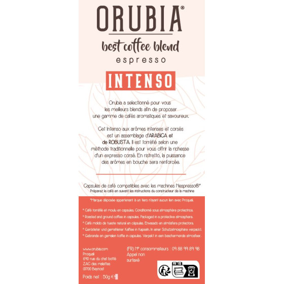 Capsule Nespresso Compatible Café Orubia Intenso 50% Arabica Intensité 9 - 1200 capsules