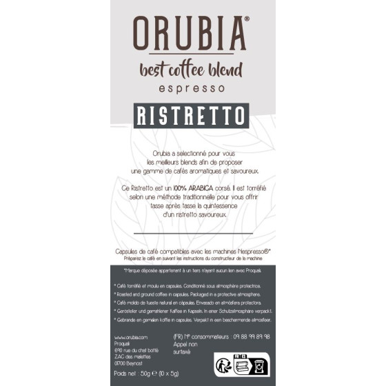 Capsule Nespresso Compatible Café Orubia Ristretto 100% Arabica Intensité 10 - 1200 capsules