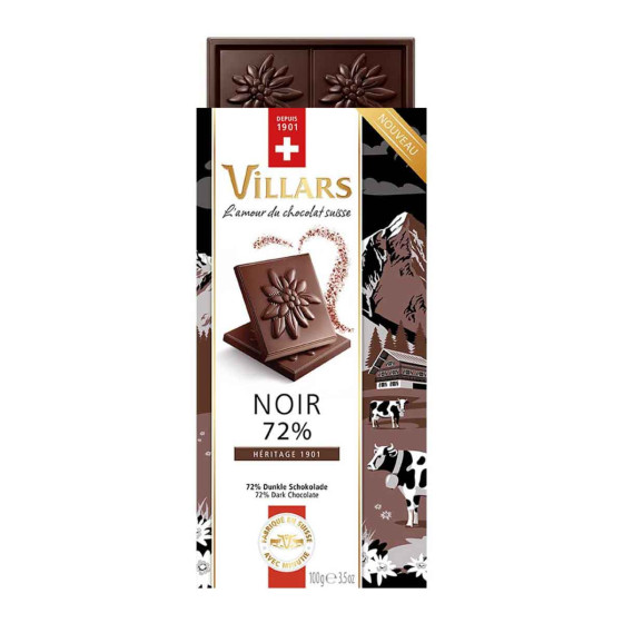 Tablette de chocolat Noir Villars 72% Héritage 1901 carré de chocolat