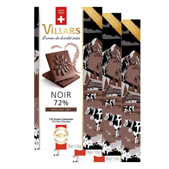 Tablette de chocolat Noir Villars 72% Héritage 1901 - 3 x 100 gr