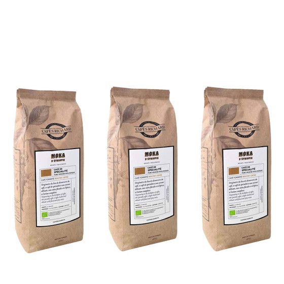 Café de Spécialité en Grains Bio Cafés Richard Moka d'Éthiopie Yrgacheffe Pure Origine - 3 paquets - 750 gr