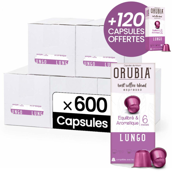 Capsule Nespresso Compatible Café Orubia Lungo 100% Arabica Intensité 6 - 600 + 120 capsules OFFERTES