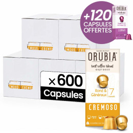 Capsule Nespresso Compatible Café Orubia Cremoso 100% Arabica Intensité 7 - 600 + 120 capsules OFFERTES