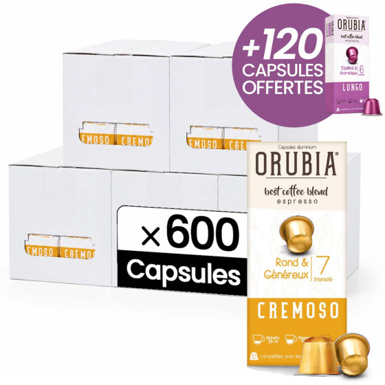 Capsule Nespresso Compatible Café Orubia Cremoso 100% Arabica Intensité 7 - 600 + 120 capsules OFFERTES
