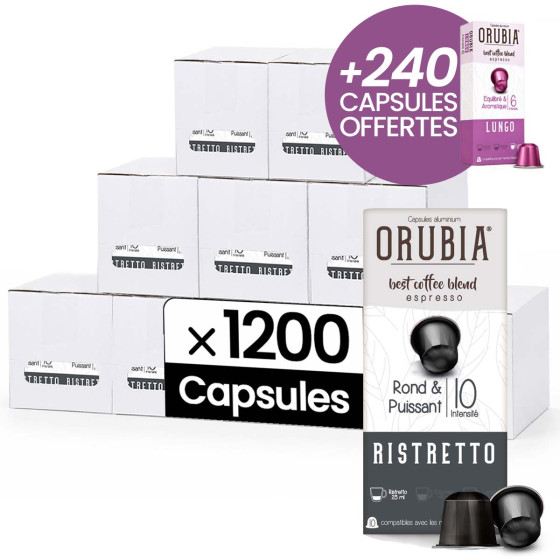 Capsule Nespresso Compatible Café Orubia Ristretto 100% Arabica Intensité 10 - 1200 + 240 capsules OFFERTES