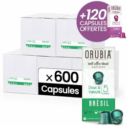 Capsule Nespresso Compatible Café Orubia Brésil 100% Arabica Intensité 5 - 600 + 120 capsules OFFERTES