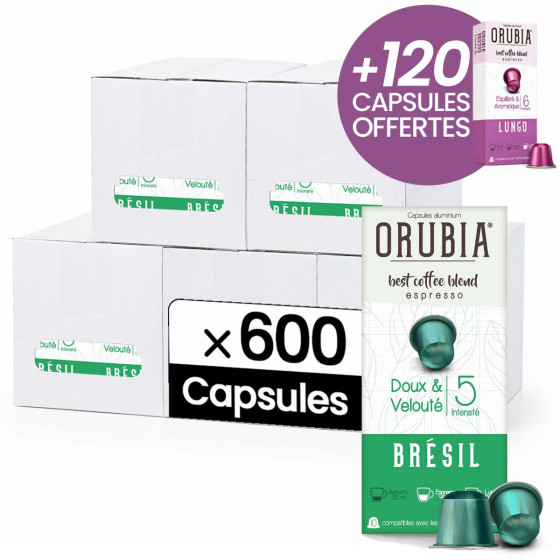 Capsule Nespresso Compatible Café Orubia Brésil 100% Arabica Intensité 5 - 600 + 120 capsules OFFERTES