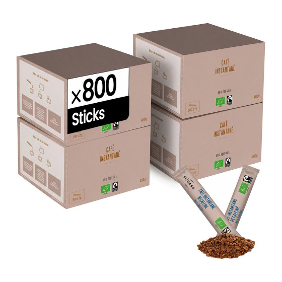 Café Soluble Bio et Equitable Cafés Richard Décaféiné 100% Arabica - 4 boîtes - 800 sticks
