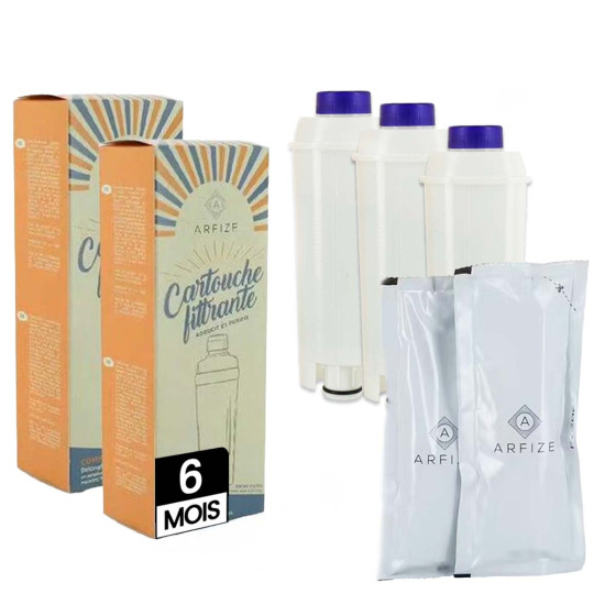 Kit 6 mois d'entretien ARFIZE compatible DeLonghi DLSC002 - 3 cartouches filtrantes + 2 x 50 ml de détartrant