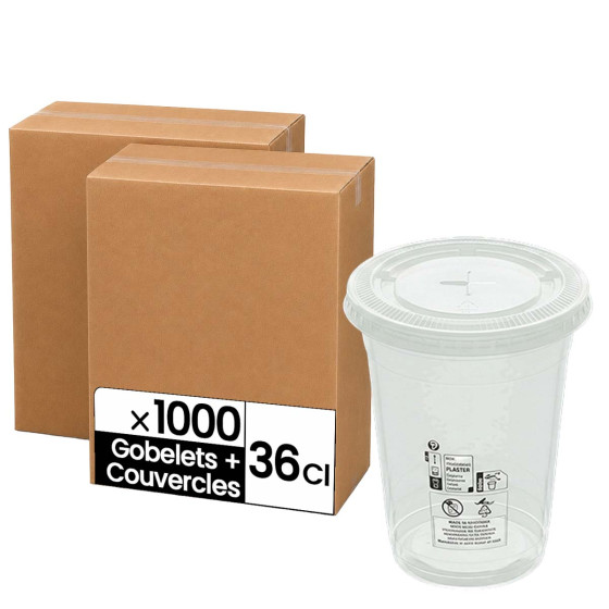 Gobelet café et couvercle à emporter 36 cl (12oz) - Matière PET recyclable - 1000 gobelets + couvercles