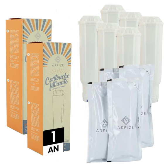 Kit 12 mois d'entretien ARFIZE compatible Krups - 6 cartouches filtrantes + 4 x 50 ml de détartrant