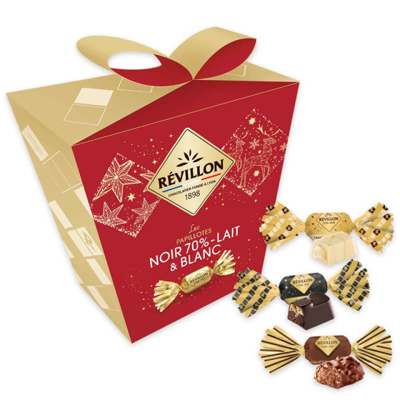 Pochette cadeaux de papillotes Révillon Chocolat Noir 70%, Lait, Blanc - 300 gr