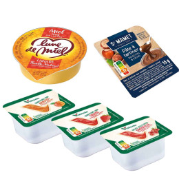 Pack petit-déjeuner Classique : Confiture Valade, Miel Lune de Miel, Pâte à tartiner St Mamet - 360 portions individuelles