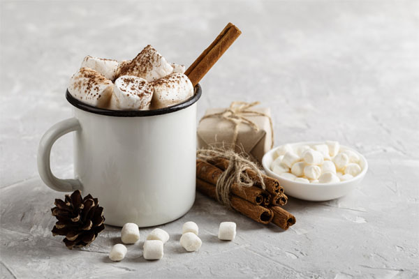 tasse de chocolat chaud avec friandises et bâtons de canelle