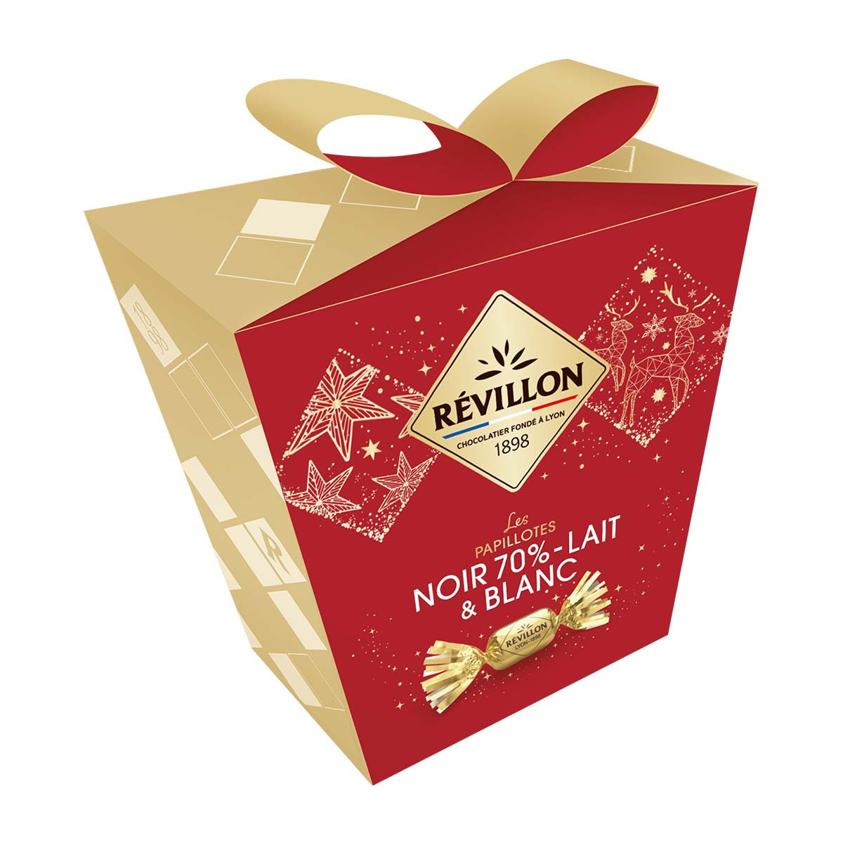 pochette révillon chocolat noir 70% lait et blanc